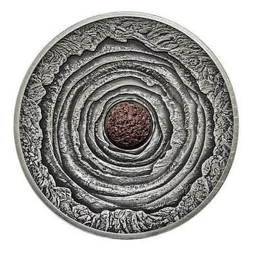 6355 Niue 2$ 2014 Prata 2 oz Ø50mm Vulcão ERTA com autêntico pedaço de Lava : Apenas 688 no mundo!!