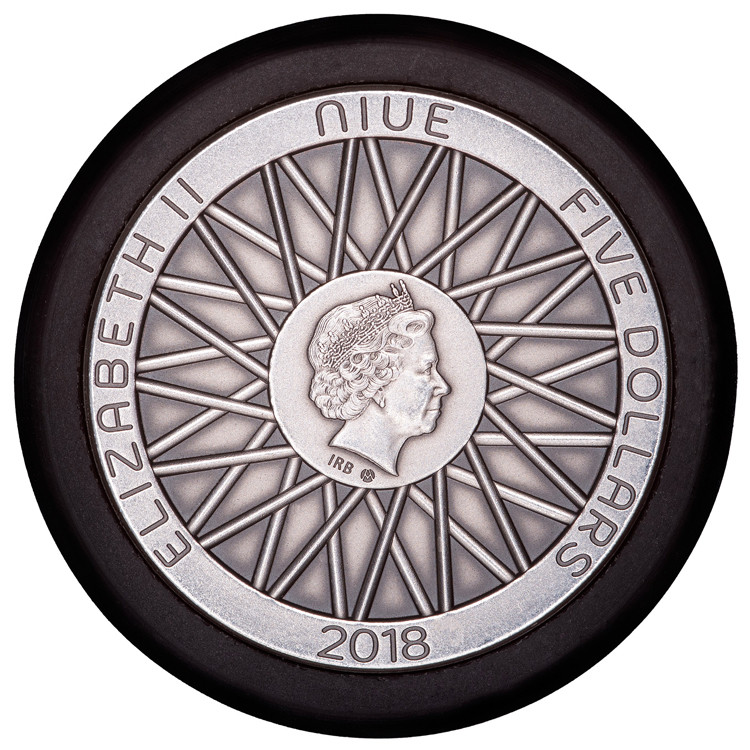 6500 Niue 5$ 2018 prata 999 65g Ø 40mm antique finish - RODA - moeda com um verdadeiro Pneu de Borracha - Imagem 2