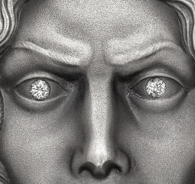 6501 Camarões 3000 francos 2019 Prata 999. 3oz Acabamento antigo :: MEDUSA :: Olhos de diamante - Imagem 5