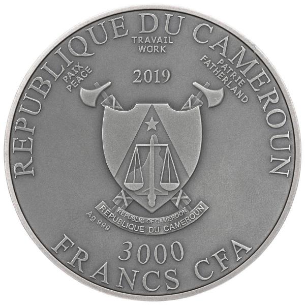 6501 Camarões 3000 francos 2019 Prata 999. 3oz Acabamento antigo :: MEDUSA :: Olhos de diamante - Imagem 6