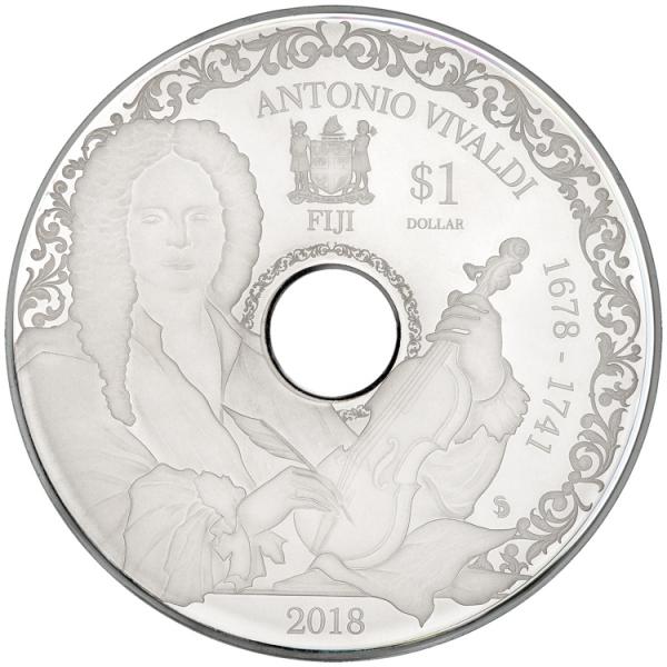 6504 Fiji 1 $ 2019 Moeda em forma de CD de prata que toca musica Ø 78mm - Antonio Vivaldi - apenas 700 moedas no mundo