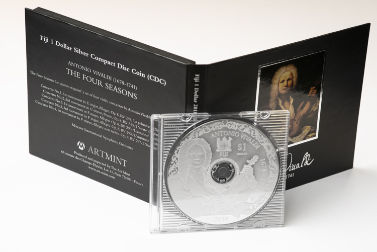 6504 Fiji 1 $ 2019 Moeda em forma de CD de prata que toca musica Ø 78mm - Antonio Vivaldi - apenas 700 moedas no mundo - Imagem 2