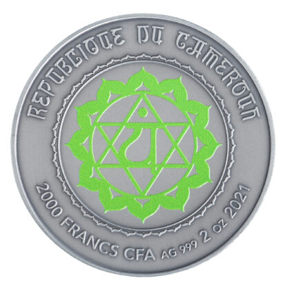 6523 # Camarões 2000 francos 2021 Prata 999 Ø50mm 2 OZ 62,2 g # Os 7 Chacras " ANAHATA" Rara só 100 exemplares no mundo - Imagem 2