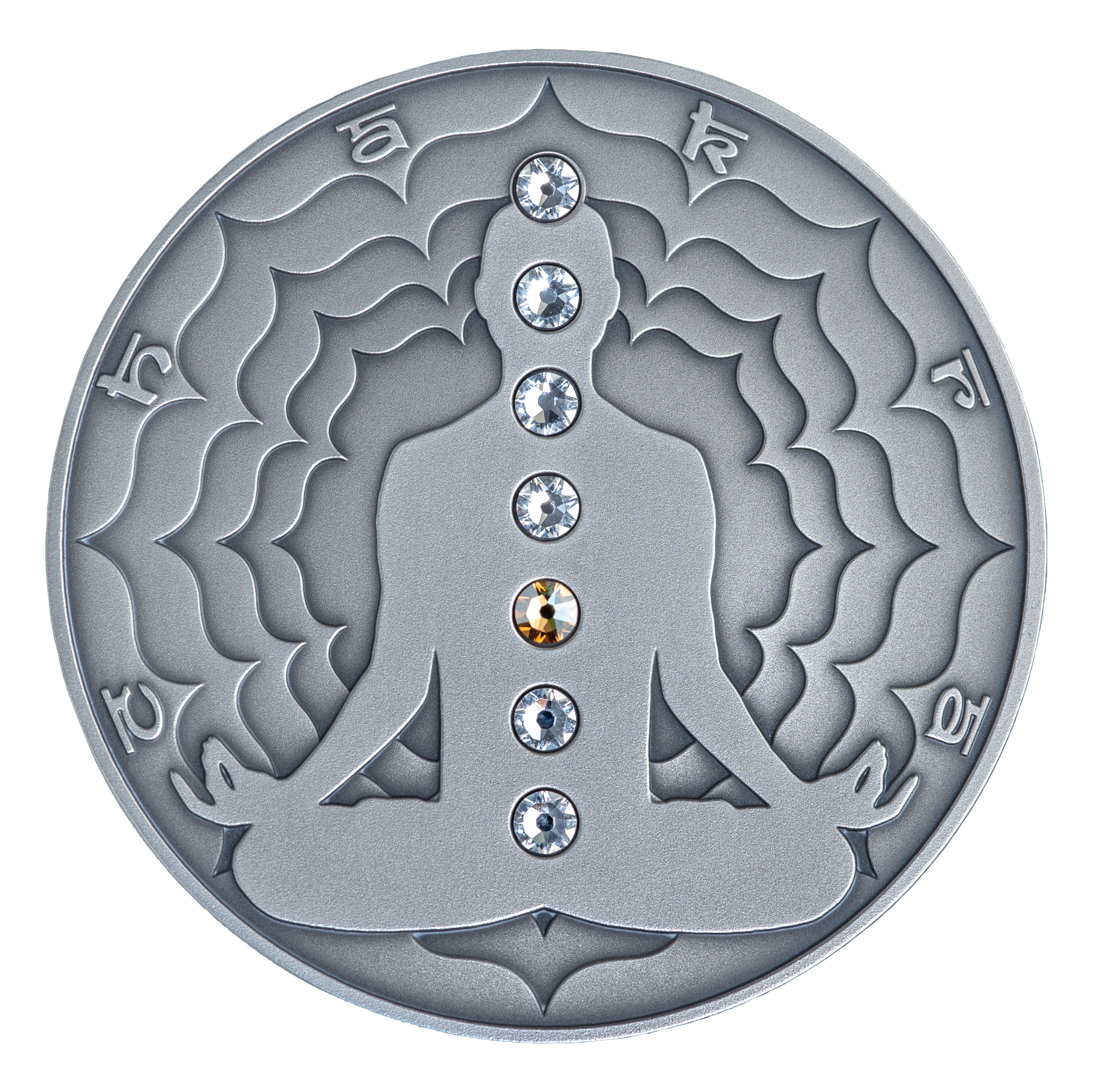6525 # Camarões 2000 francos 2021 Prata 999 Ø50mm 2 OZ 62,2 g # Os 7 Chacras " MANIPURA" Rara só 100 exemplares no mundo