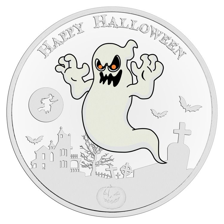 6494 Niue 2 $ 2017 Prata proof 1oz Série Halloween - O FANTASMA - Moeda que brilha no escuro! - Imagem 6