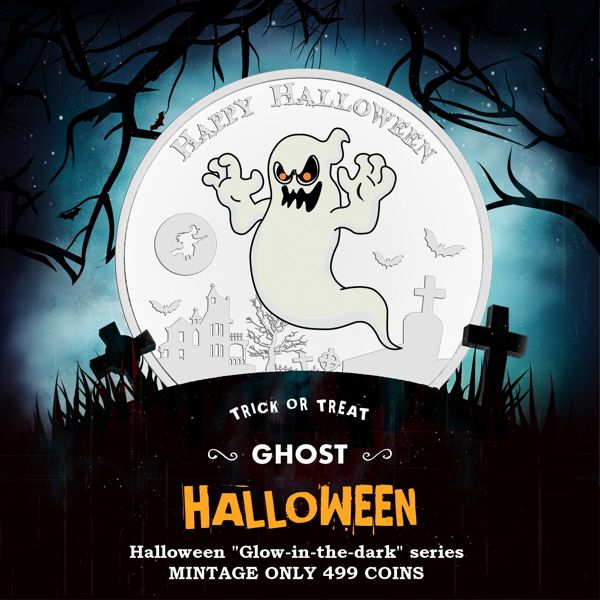 6494 Niue 2 $ 2017 Prata proof 1oz Série Halloween - O FANTASMA - Moeda que brilha no escuro! - Imagem 4