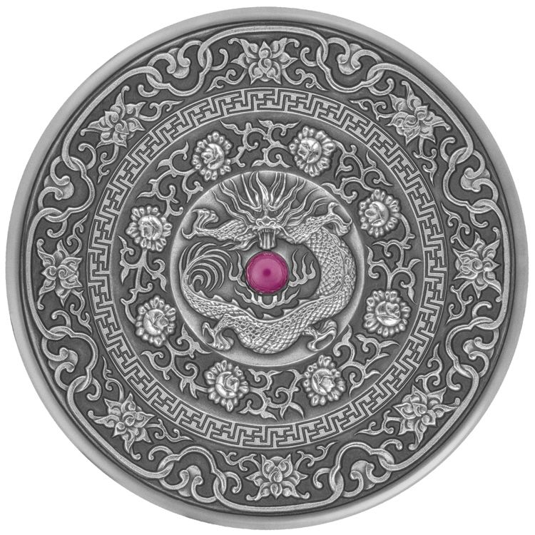 6435 Fiji 10 $ 2017 Prata 999 Ø50mm 93gr Antique Finish - MANDALA ART IlI Dragão CHINES Apenas 500 Exemplares