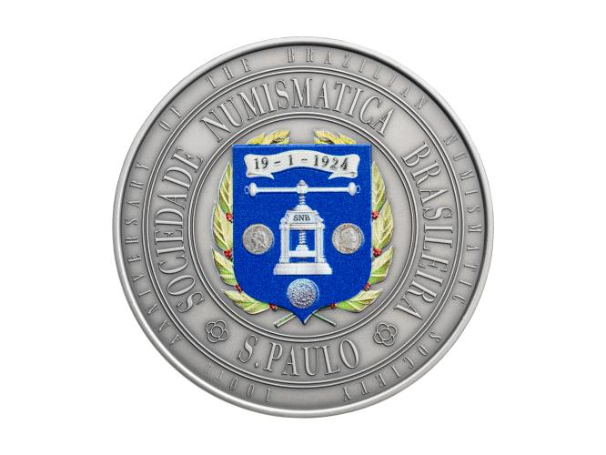 6529 # Niue 2 $ 2024 Prata 999 'Antique Finish Colorida' - Aniversário 100 anos "Sociedade Numismática Brasileira" Apenas100 pçs
